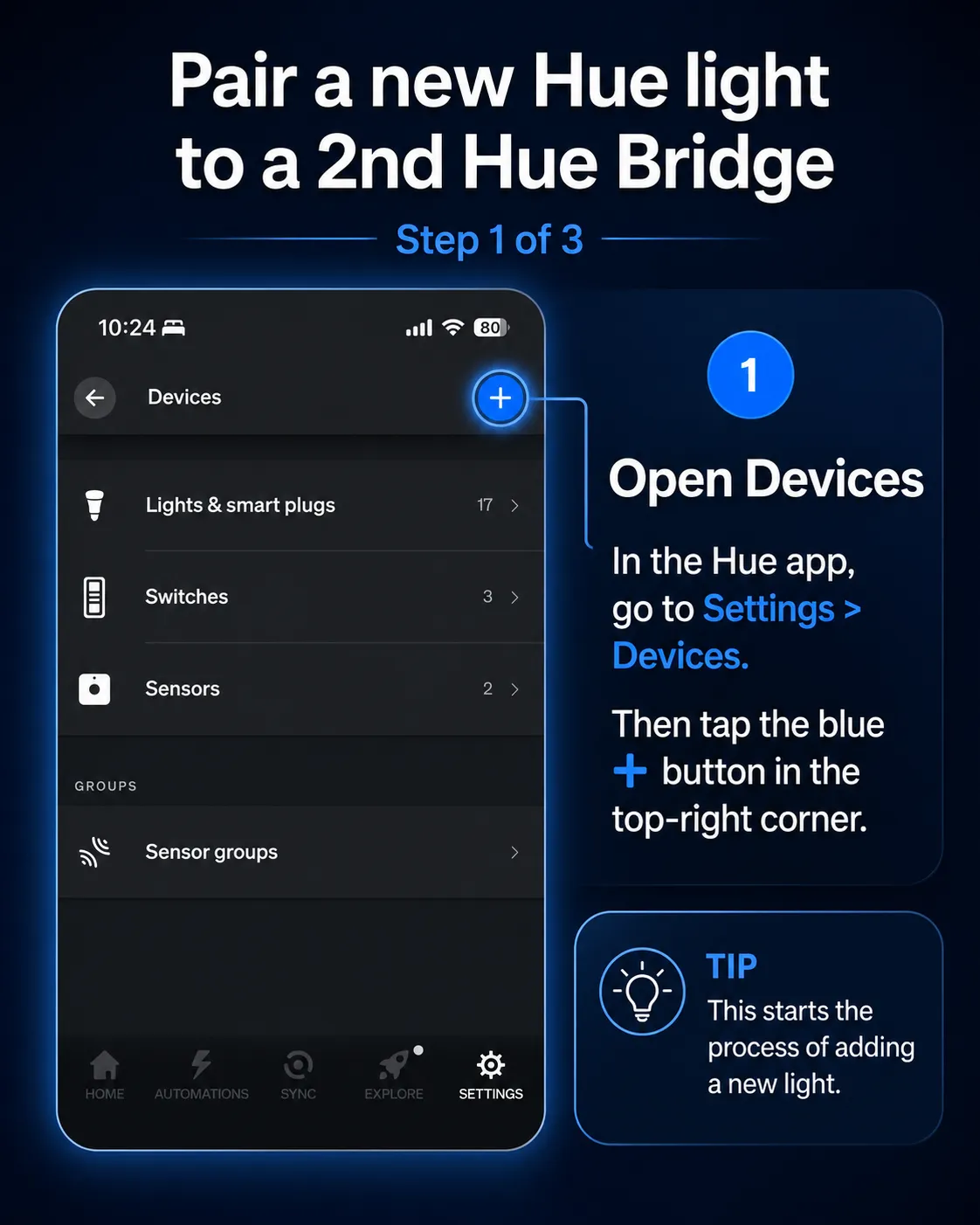 Philips Hue Devices screen with the add device button highlighted.