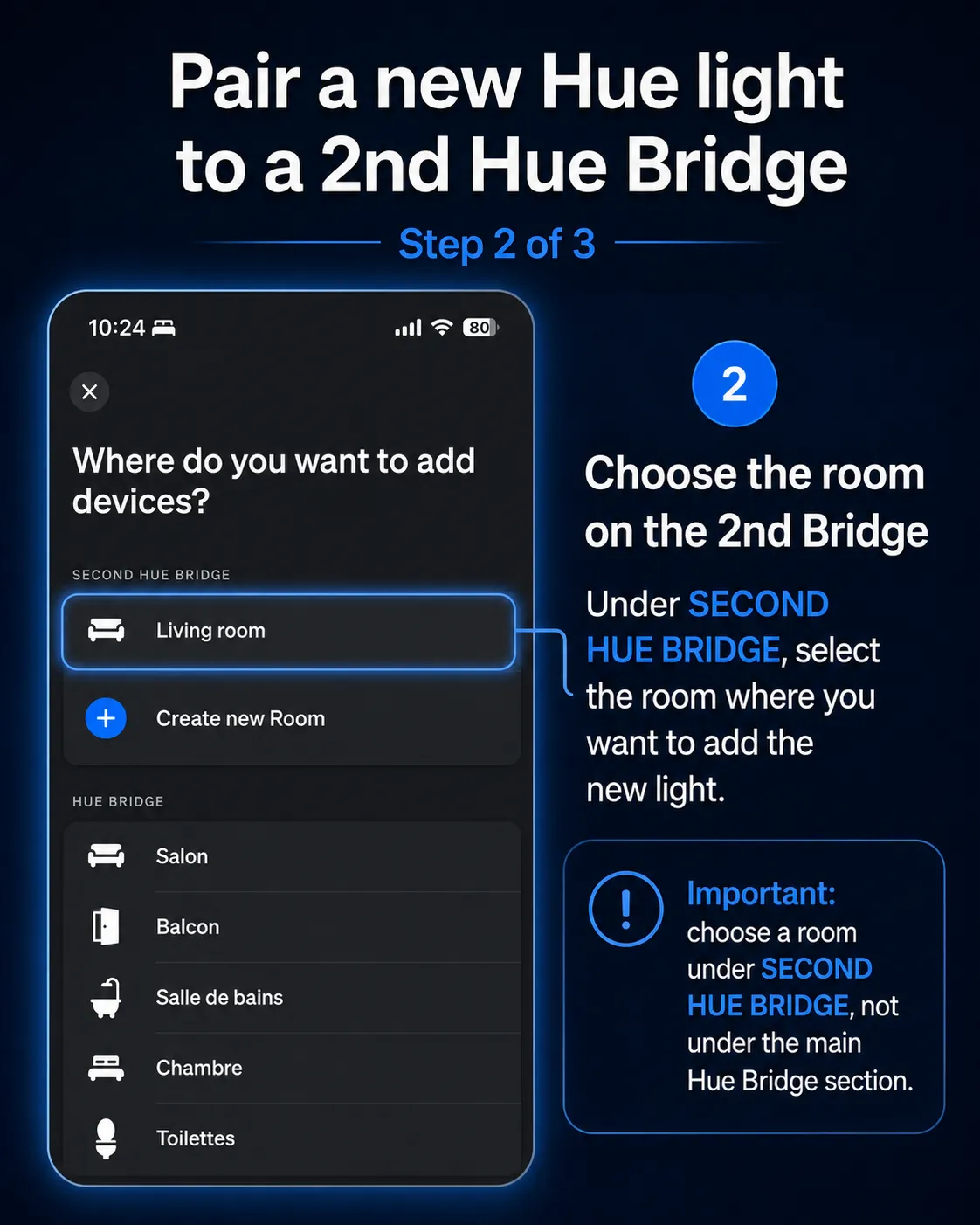Philips Hue app room selection screen showing rooms under Second Hue Bridge and Hue Bridge.