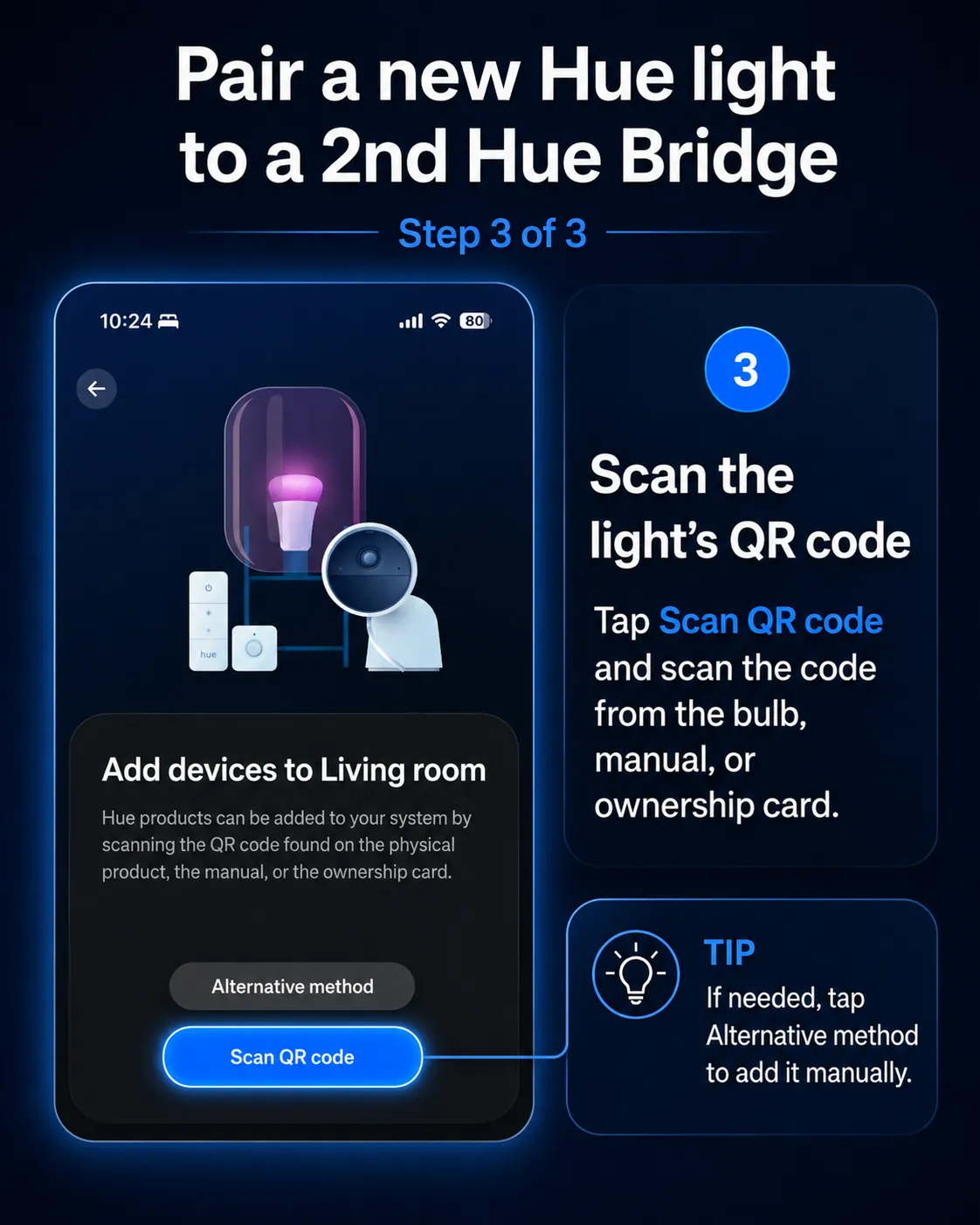 Philips Hue Add devices screen with the Scan QR code button highlighted.