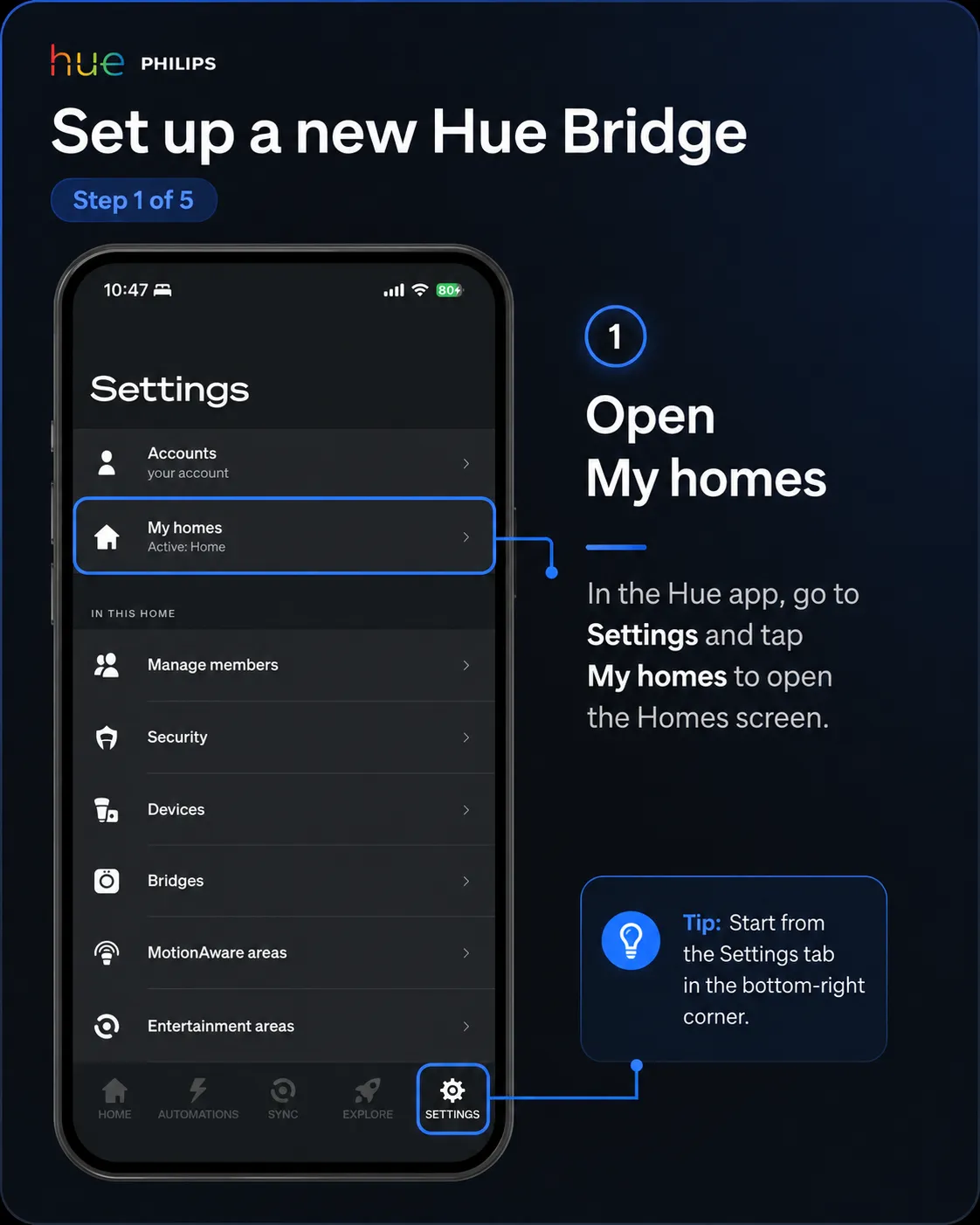 Philips Hue app Settings screen with My homes highlighted.