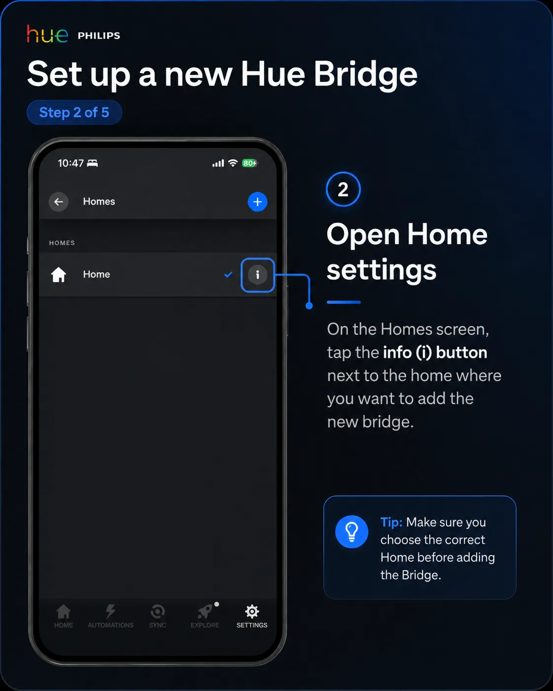 Philips Hue Homes screen with the Home info button highlighted.