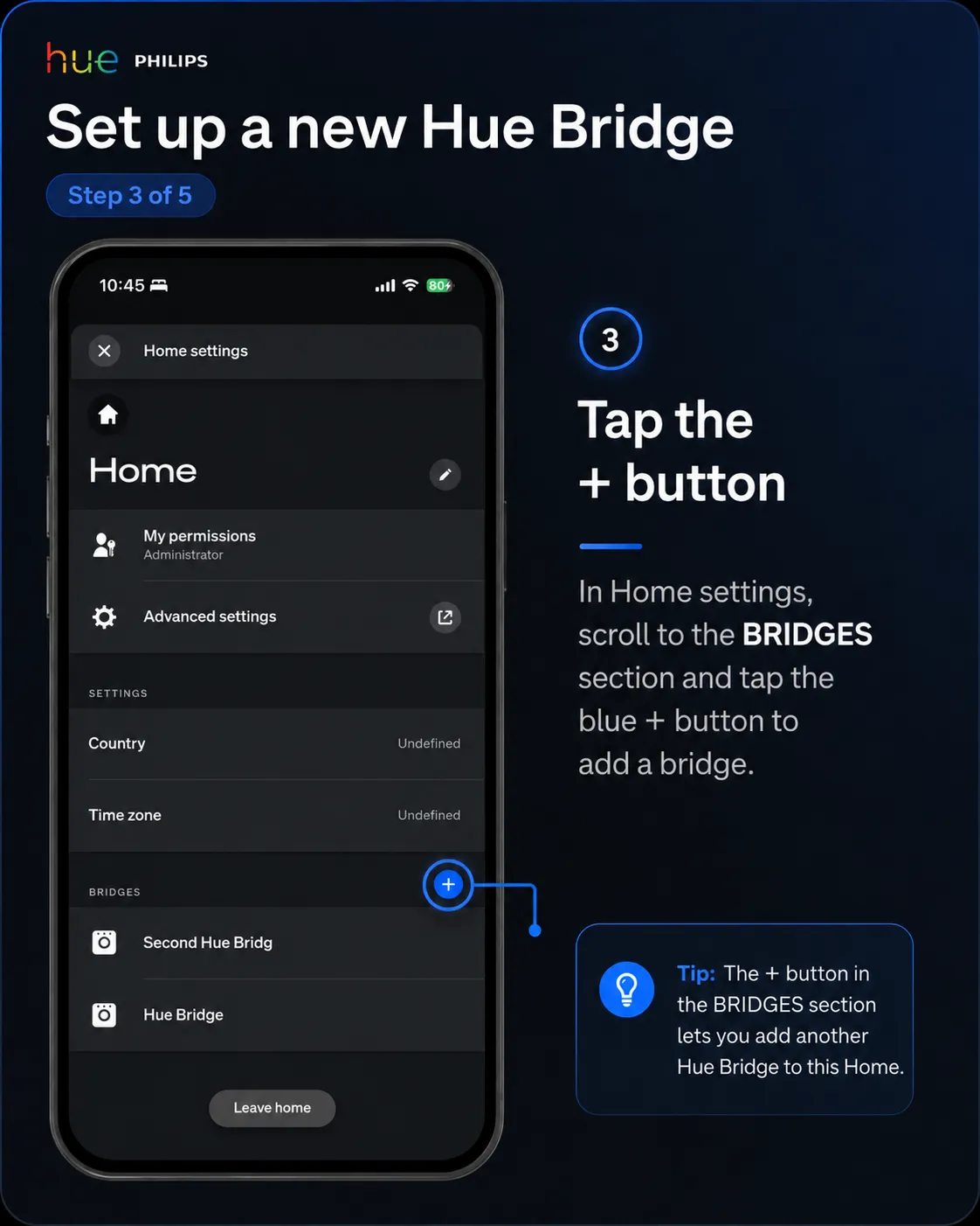Philips Hue Home settings screen with the add bridge button highlighted.