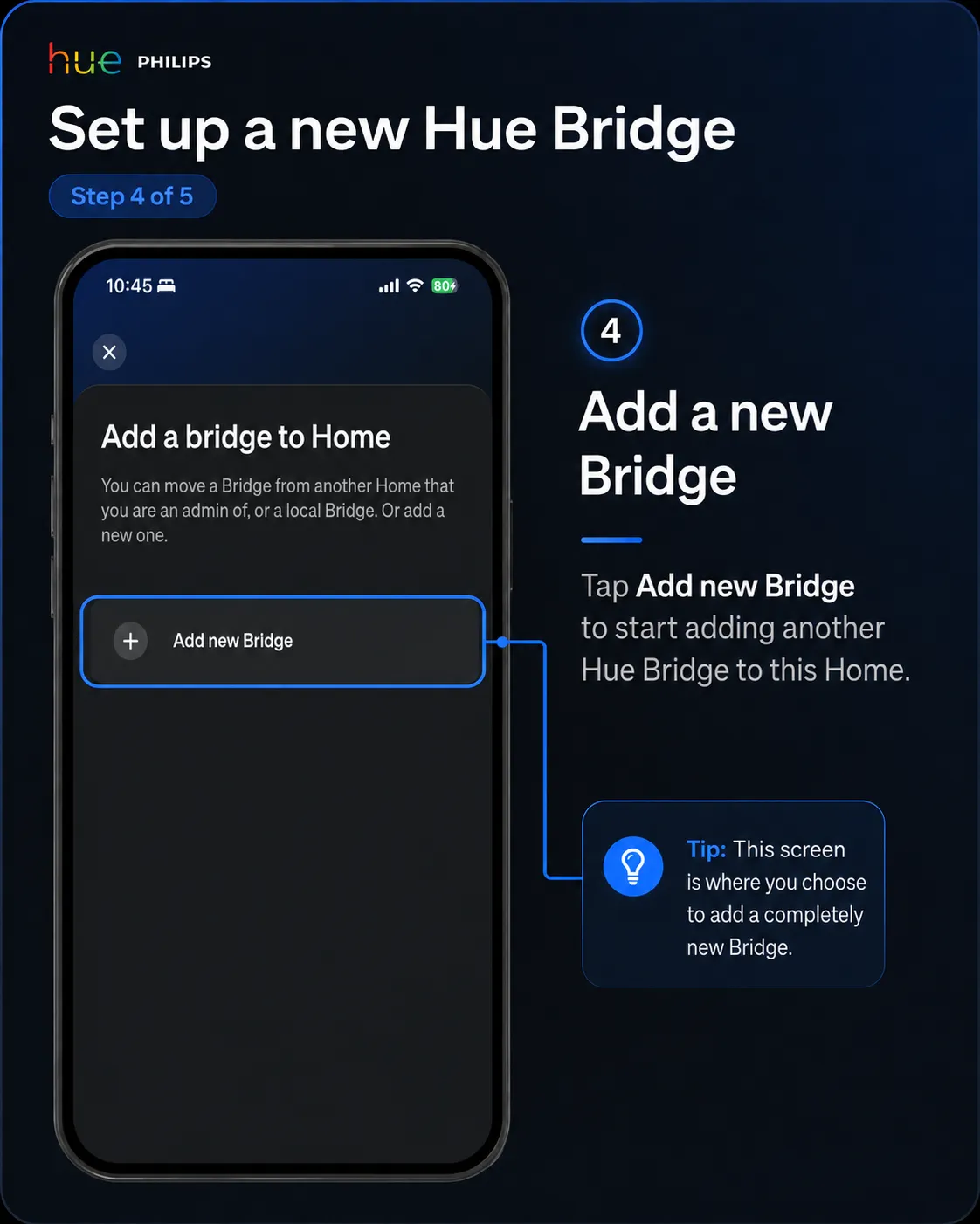 Philips Hue Add a bridge screen with Add new Bridge highlighted.